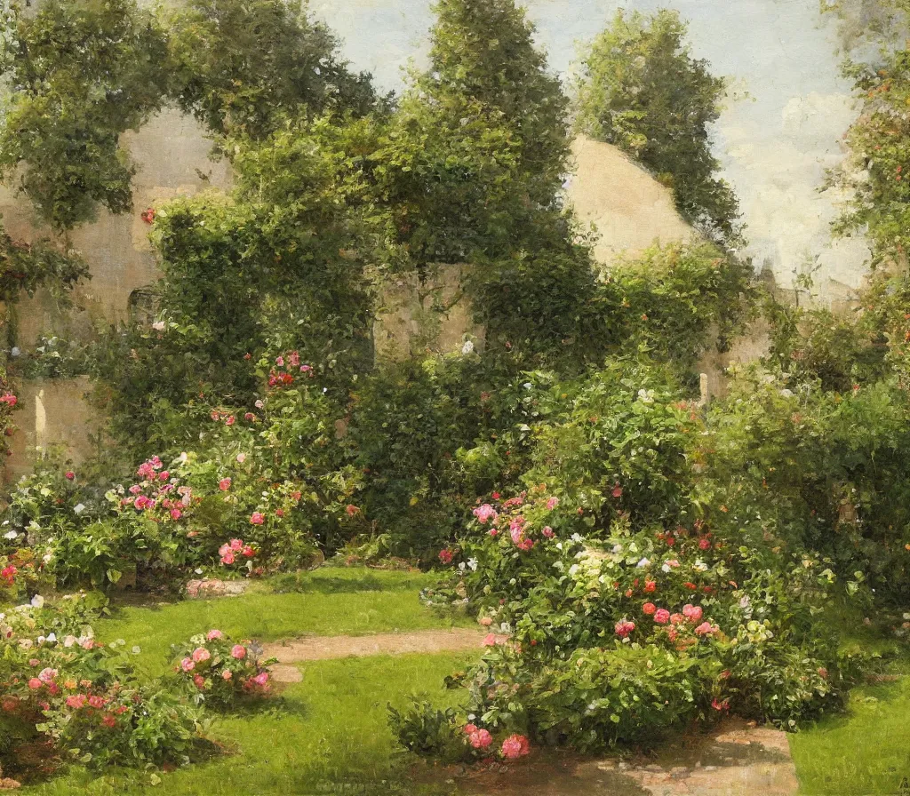 Image similar to Small garden with hedges, center fountain. Paving stones. Vegetable garden, some flowers. history painting, artificial sun light, peaceful tiny walled garden, artstation, oil on canvas, by Albert Aublet, Private Collection