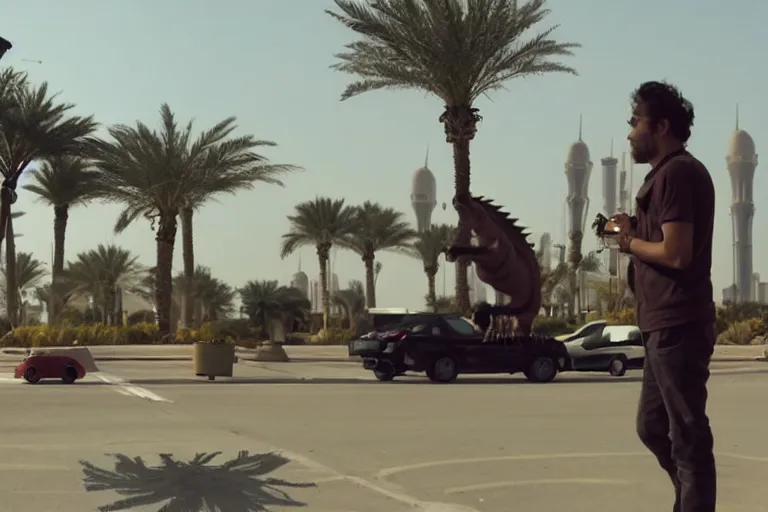 Image similar to cinematography dinosaurs in the streets of Abu Dhabi by Emmanuel Lubezki