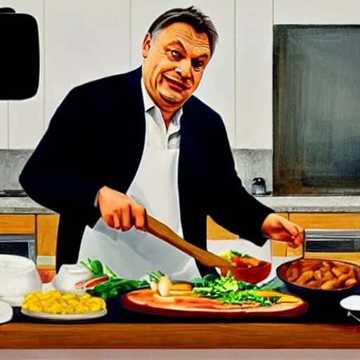 Image similar to viktor orban cooks in a tv show, oil painting