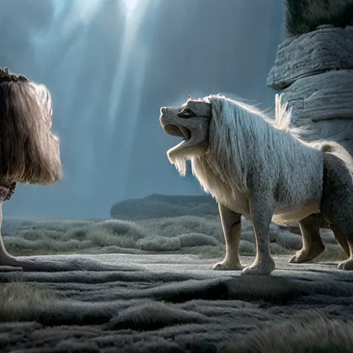 Image similar to the neverending story wide angle battle scene, highly textured, hyperrealism, award winning, gritty, tilt shift