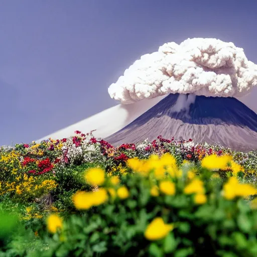 Prompt: photo of a volcano in eruption with a lot of flowers and stars, highly detailled, 4 k
