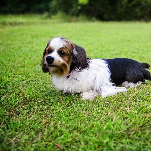 Image similar to a cute mutt who is half long haired dachshund and half shih tzu, laying under a tree on a farm, golden hour, promised land