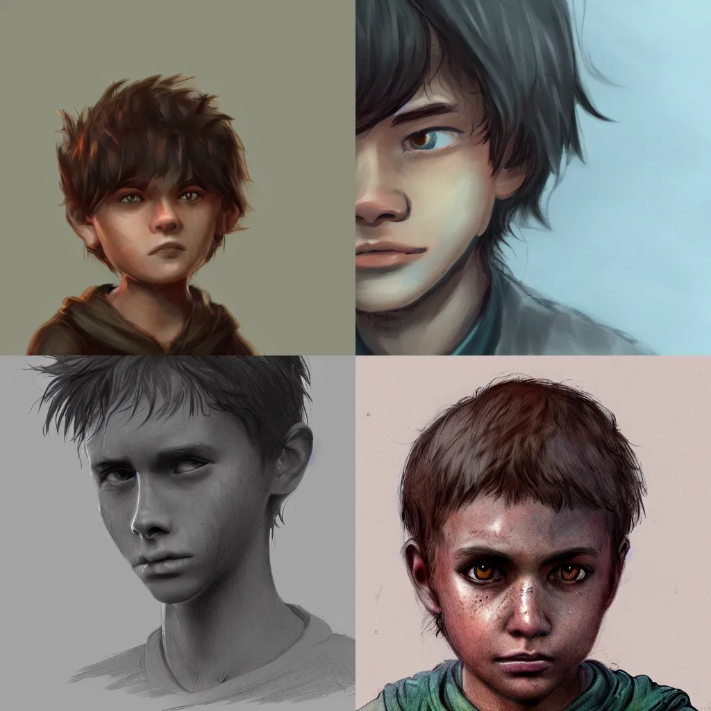 Prompt: Close up of a lost boy who is wandering face+poor+foggy,detailed, artstation, concept art