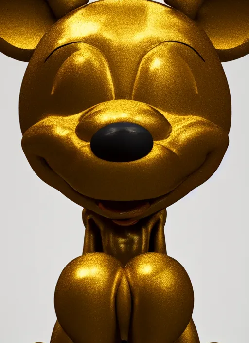 Image similar to stylized gold onyx ornate statue full body made of marble of disney character mickey mouse, perfect symmetrical body, perfect symmetrical face, hyper realistic, hyper detailed, by johannen voss, by michelangelo, octane render, blender, 8 k, displayed in pure white studio room