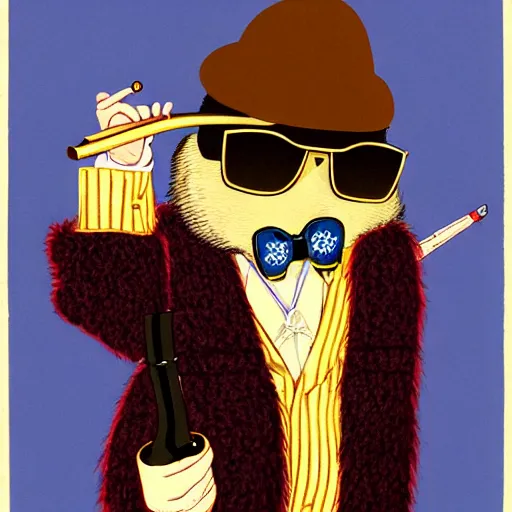 Prompt: an anthropomorphic gangster rat, by akihito yoshida, smoking a big cigar, wearing sunglasses, wearing a luxury fur coat