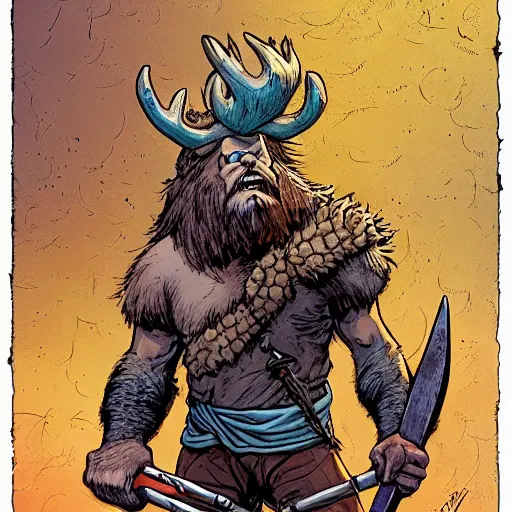 Prompt: hairy barbarian with moose head by josan gonzales and james gurney