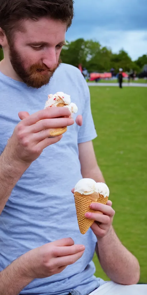 Prompt: colour photograph of a 3 0 year old british man eating ice cream at the park