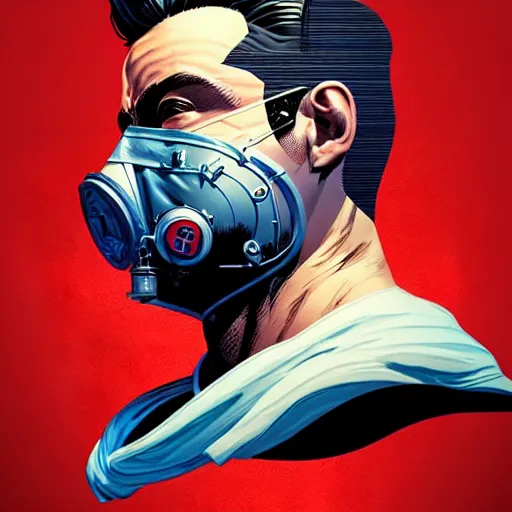 Image similar to a portrait of a man :: side profile blood :: background sea :: intricate details :: oxygen mask :: 3d render :: MARVEL comics and Sandra Chevrier