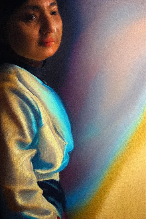 Image similar to hyperrealism oil painting, close - up portrait of fabric worker woman model, gradient mixed with nebula sky, in style of baroque