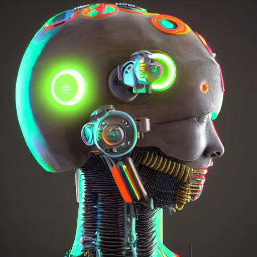 Image similar to a claymodel of a dieselpunk aztec futuristic robot head wearing an emotiv eeg - headset, 8 k, front shot, symetrical, flourescent colors, halluzinogenic, multicolored, insanely detailed, front shot, 3 d render, octane