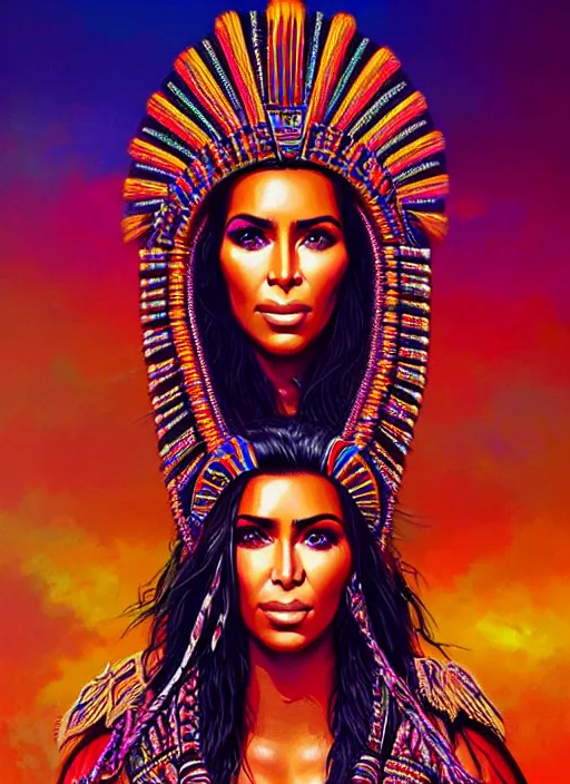 Prompt: portrait of kim kardashian, hyper detailed ultra sharp aztec shaman warrior. trending on artstation, warpaint aesthetic, bloodwave, colorful, psychedelic, ornate, intricate, digital painting, concept art, smooth, sharp focus, illustration, art by artgerm and greg rutkowski and h. r. giger, 8 k