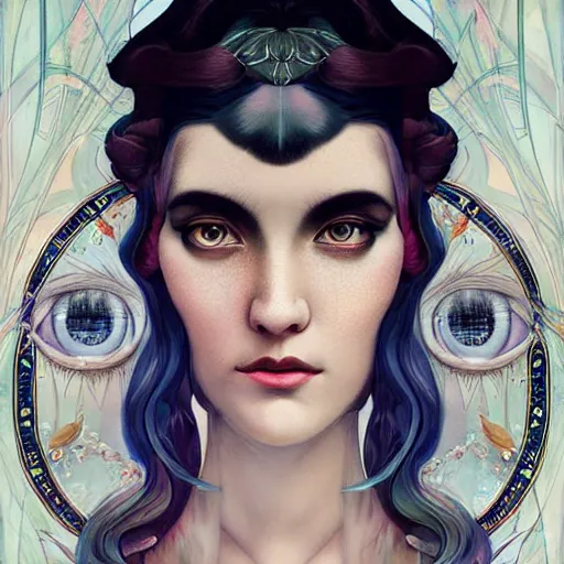 Prompt: an art nouveau, ( art deco ), multi - racial portrait in the style of anna dittmann and charlie bowater and loish. very large, clear, expressive, and intelligent eyes. centered, ultrasharp focus, dramatic lighting, photorealistic digital matte painting, intricate symmetrical ultra detailed background.