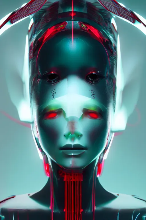 Image similar to cyber geisha by Ash Thorp and Andrei Riabovitchev, red green LED lights, extremely beautiful and proportionate face, sharp focus, hyper detailed, octane render, biomechanical