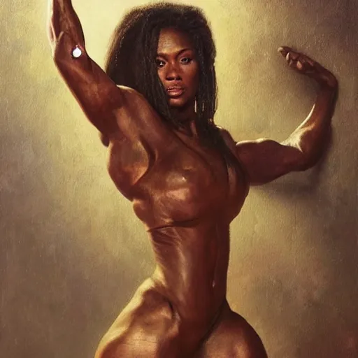 Image similar to : beautiful portrait of a african amazonian woman bodybuilder posing, radiant light, caustics, war hero, metal gear solid, by gaston bussiere, bayard wu, greg rutkowski, giger, maxim verehin