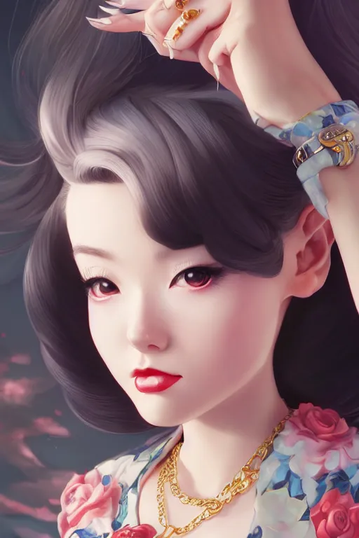 Image similar to a pin up and beautiful fashion charming dreamlke japan girl with lv jewelry, character art, art by artgerm lau and wlop and and ilya kuvshinov and john singer sargent, hyperdetailed, 8 k realistic, symmetrical, frostbite 3 engine, cryengine, dof, trending on artstation, digital art