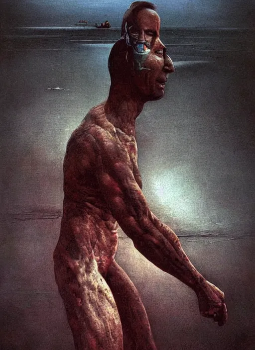 Image similar to Painting in a style of Beksinski featuring Vladimir Putin. Disturbing