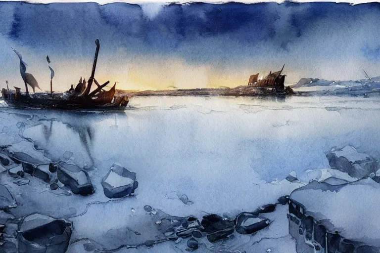 Prompt: small centered on watercolor paper, paint brush strokes, abstract watercolor painting of ancient viking wreck in frozen lake in snow, daylight, blue sky, cinematic light, national romanticism by hans dahl, by jesper ejsing, by anders zorn, by greg rutkowski, by greg manchess, by tyler edlin