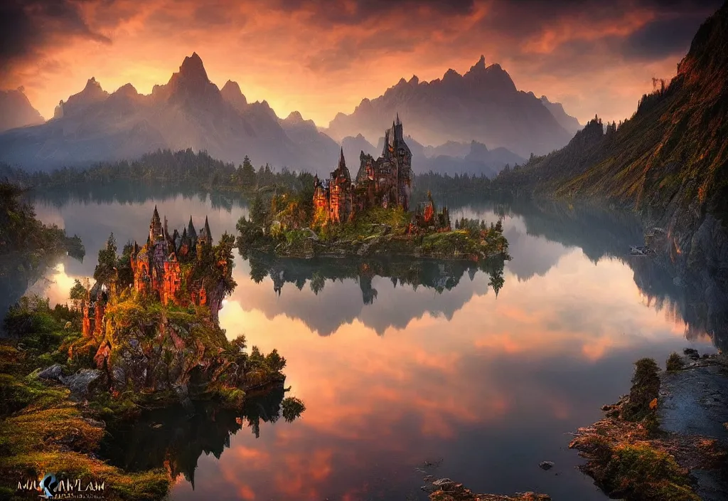 Image similar to amazing photo of a fairy castle with a lake in sunset by marc adamus, beautiful dramatic lighting