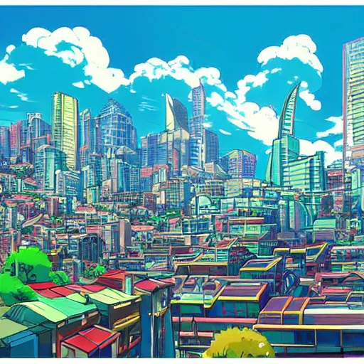 Image similar to futuristic city on a mountainside, colorful city, megacity, clouds on mountain, buildings on mountainside, cel - shading, cel - shaded, 2 0 0 1 anime, bright sunshine