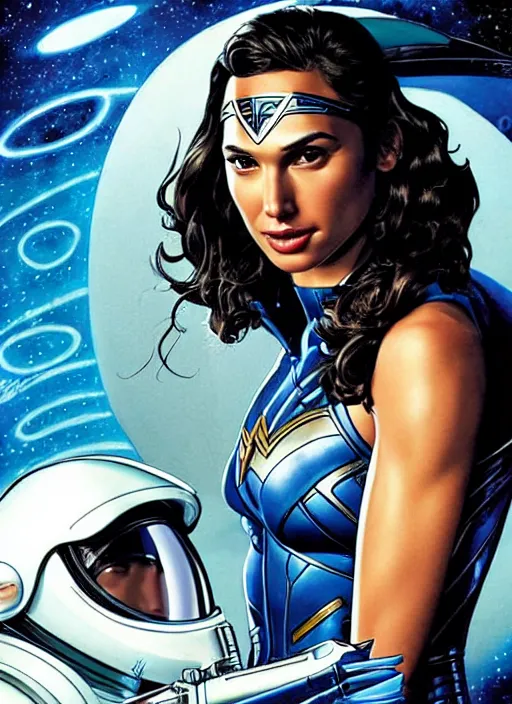 Image similar to portrait of gal gadot as a space ranger on an alien planet by clyde caldwell, rule of thirds