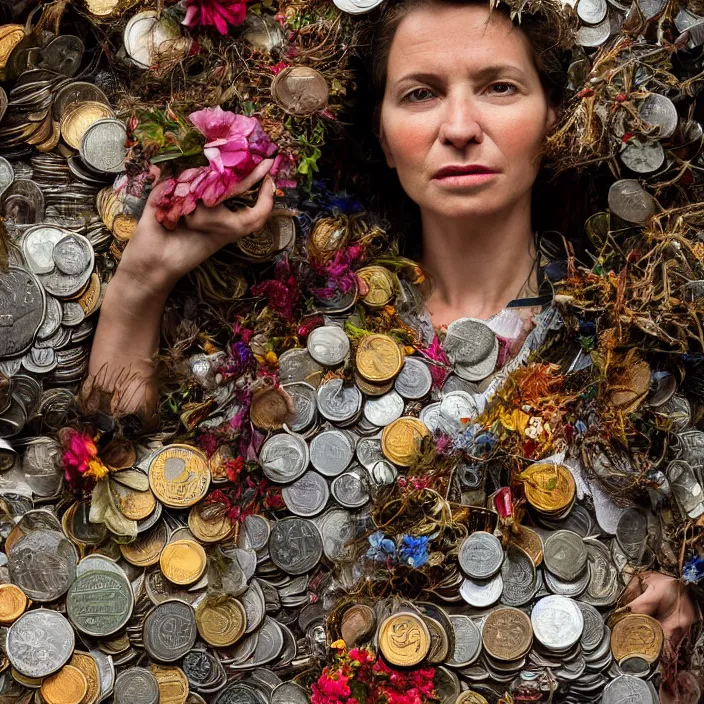 Image similar to closeup portrait of a woman wearing a cloak made of garbage and junk and flowers, standing in a pile of coins, forest, by Annie Leibovitz and Steve McCurry, natural light, detailed face, CANON Eos C300, ƒ1.8, 35mm, 8K, medium-format print