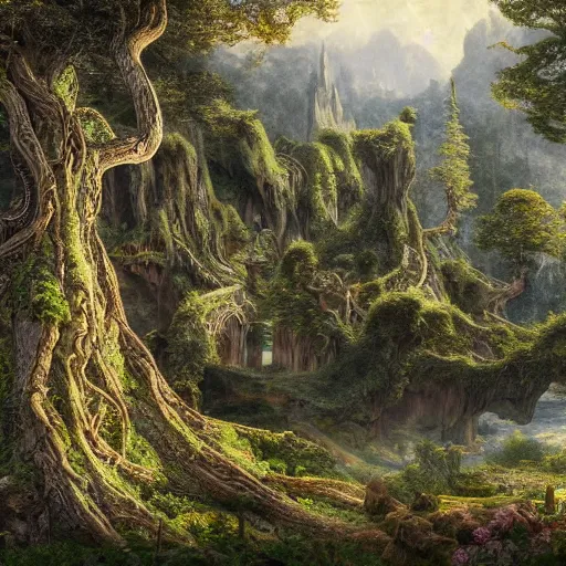 Image similar to a beautiful and highly detailed matte painting of an elven garden palace in a breath taking forest in a deep valley in the beautiful mountains of avalon, celtic knots, detailed woody trees, intricate details, epic scale, insanely complex, 8 k, sharp focus, hyperrealism, very realistic, by caspar friedrich, albert bierstadt, james gurney, brian froud,