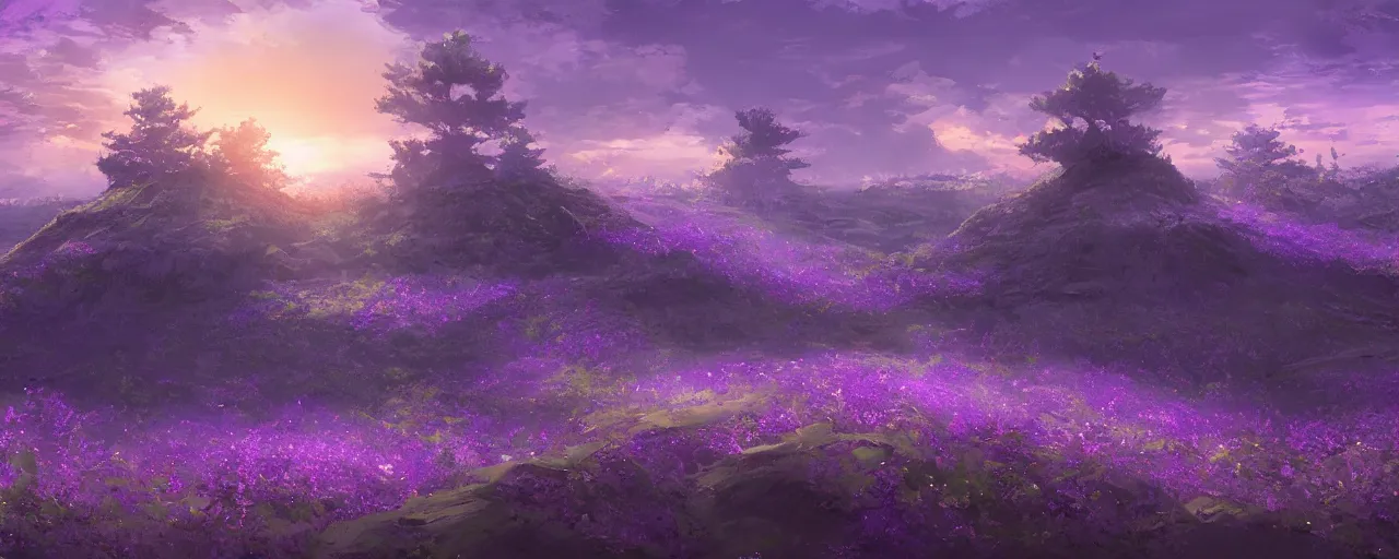 Prompt: a beautiful landscape of a sunset violet evergarden style, concept art, digital art