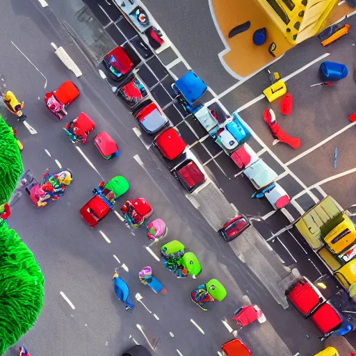 Image similar to drone shot of traffic on sesame street with muppets colorful cel shading, cookie monster, elmo, oscar the grouch