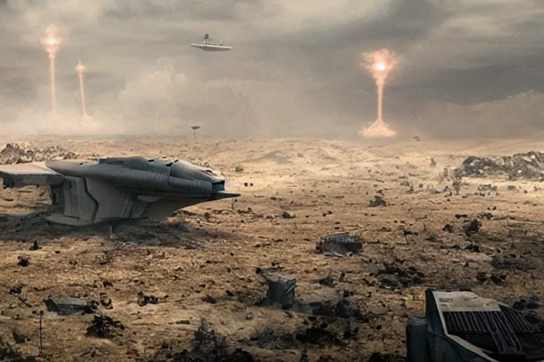 Image similar to VFX movie of a futuristic spaceship landing in war zone, natural lighting by Emmanuel Lubezki