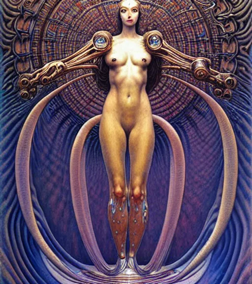 Image similar to detailed realistic beautiful young cher alien robot as queen of andromeda galaxy portrait by jean delville, gustave dore and marco mazzoni, art nouveau, symbolist, visionary, baroque, giant fractal details. horizontal symmetry by zdzisław beksinski, iris van herpen, raymond swanland and alphonse mucha. highly detailed, hyper - real, beautiful