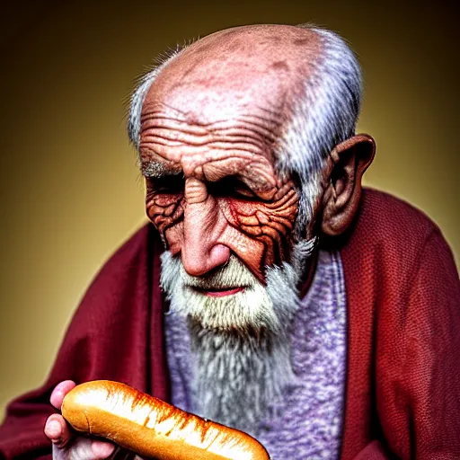 Image similar to Colour Photography of 1000 years old man with highly detailed 1000 years old face, that eating hot-dog in style of Josan Gonzalez