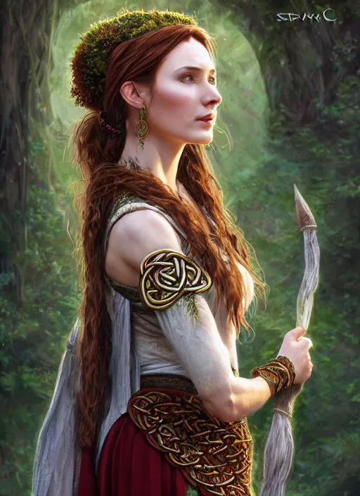 Image similar to photo of a gorgeous druid woman wearing a traditional celtic dress in the style of stefan kostic, realistic, sharp focus, 8 k high definition, insanely detailed, intricate, elegant, art by stanley lau and artgerm