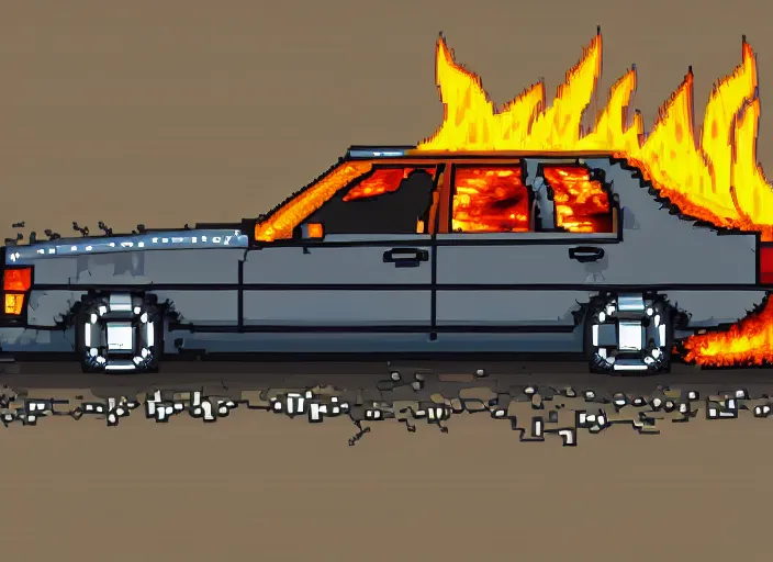 Image similar to burning wrecked mercedes 1 2 4, pixelart by kirokaze, award winning. dramatic. trending on artstation. very low quality, low resolution sync by honeybunny