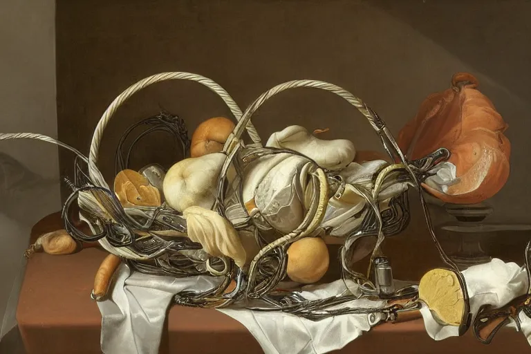 Image similar to a vanitas painting by clara peeters and pieter claesz, depicting an NVIDIA RTX GPU , graphics card, cables, wires