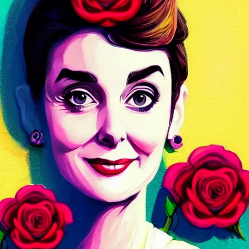 Image similar to beautiful charming goddess of sunshine and roses, inspired by audrey hepburn and tina fey, character art portrait, deviantart artstation, by alena aenami, by michael whelan, behance hd, bokeh