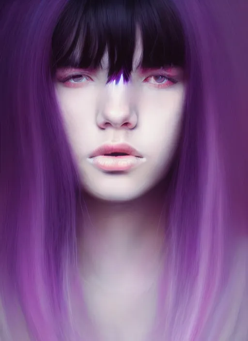 Image similar to hair whitebangs hair, black hair, whitebangs, portrait of teenage girl with white bangs, red irises, purple clothes, white bangs, bangs are different color from hair, intricate, elegant, glowing lights, highly detailed, digital painting, artstation, concept art, smooth, sharp focus, illustration, art by wlop, mars ravelo and greg rutkowski