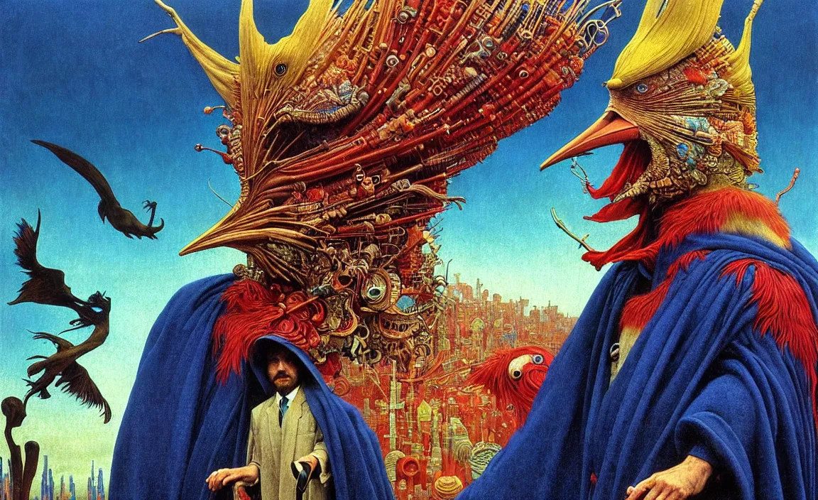 Image similar to realistic detailed portrait movie shot of a birdman wearing a dark robes, sci fi city landscape background by denis villeneuve, amano, yves tanguy, alphonse mucha, ernst haeckel, max ernst, roger dean, masterpiece, rich moody colours, dog teeth, blue eyes