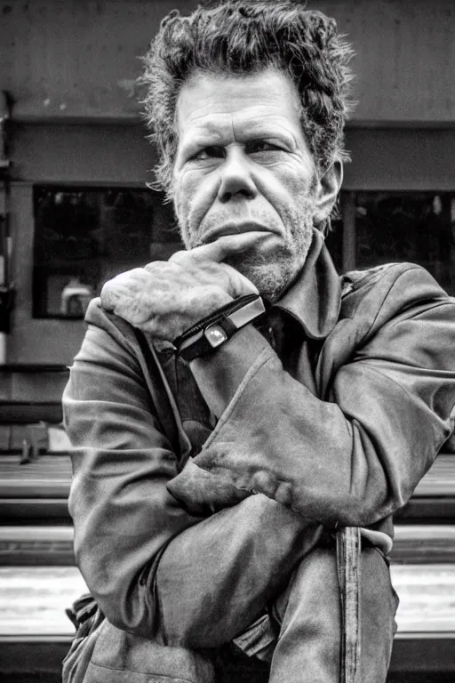 Image similar to Tom Waits sitting on railway station looking at big watches, grey, brown, photorealistic imagery