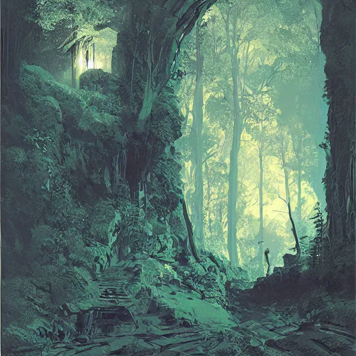 Image similar to mysterious cave entrance in dense forest, light coming through, night, beautiful, highlt detailed, by syd mead