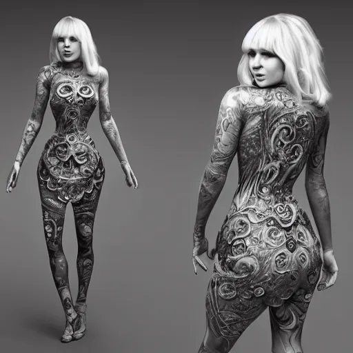 Prompt: blonde girl in a cosmic dress, full-body tattoos, ornate, rococo, grotesque, zbrush art, majestic, organics, silver filigree