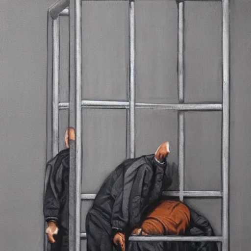 Prompt: hyperrealism painting of prisoners scheming in prison cell to escape prison while guards distracted