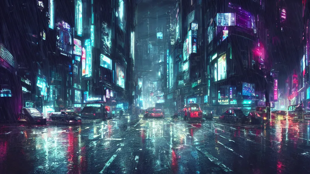 Image similar to cyberpunk london city. street view. night. raining. driving rain. digital render. digital painting. takaaki ito. cyril roland. ross tran. trending on artstation