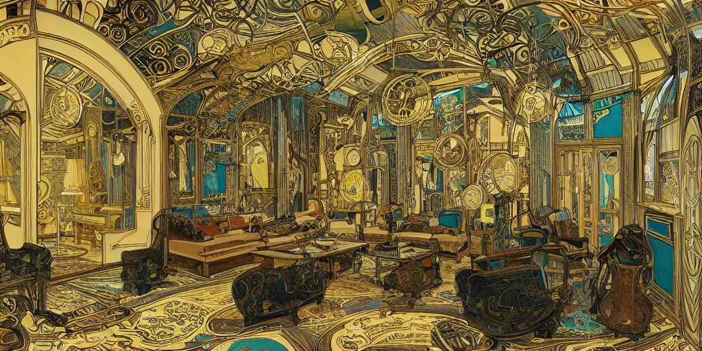 Prompt: a photo of a concept architecture art house steampunk livingroom, style brutalism, gold and black turquoise ratio, extremely detailed, sharp focus, wide view, smooth, digital illustration, colorfull, by alphonse mucha