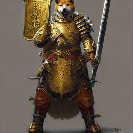 Image similar to anthropomorphic shiba inu, holy paladin armor, holding dragon slayer sword and shield, fantasy, holy light, portrait art by donato giancola and greg rutkowski, realistic face, visible holy aura, digital art, trending on artstation, symmetry