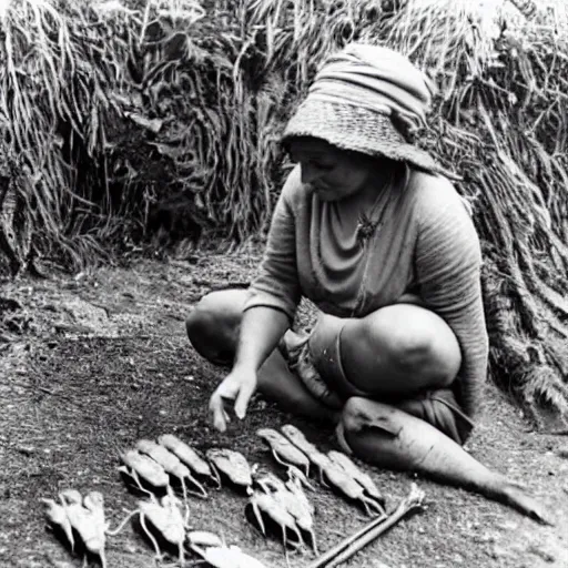 Prompt: a maori woman prepares weta bugs for eating outside her whare in the 1 9 4 0's.