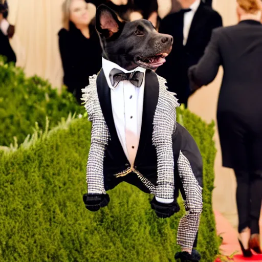 Image similar to a dog in a tuxedo at the met gala