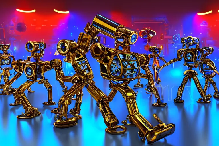 Image similar to a queue of 7 golden and blue metal humanoid steampunk robots dancing inside a television studio from americas got talent, robots are wearing and gears and tubes, eyes are glowing red lightbulbs, shiny crisp finish, 3 d render, 8 k, insaneley detailed, fluorescent colors, nightlight