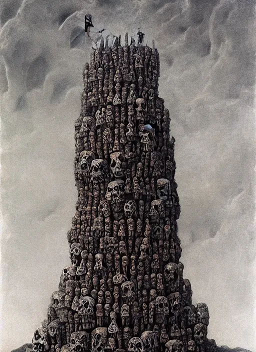 Image similar to a tower of skulls. highly detailed painting by zdzisław beksinski and henry fuseli. 8 k