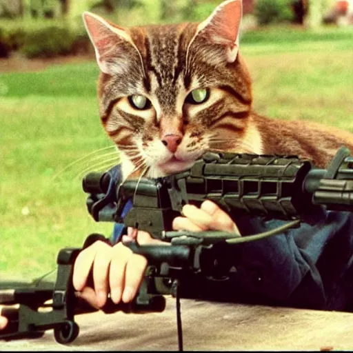 Image similar to a still of the cat shooting a m 6 0 machine gun from the buddy cop movie beverly hills cat 2