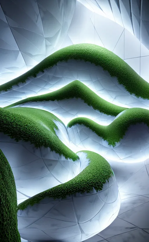 Image similar to highly detailed ultra sharp 3 d render cinematic composition of a smooth ceramic porcelain magnolia stone nebula biomorphic fluid fractal sci - fi surreal architecture landscape, metallic, white marble, foliage, vincent callebaut composition, mamou - mani, archviz, beautiful lighting, 8 k, unreal engine, hdr,